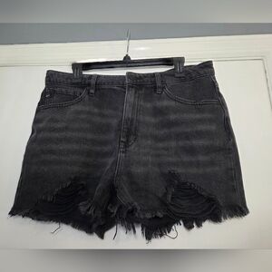 Kancan Women's Washed Black High Waisted Denim Frayed Hem Cut Off Shorts